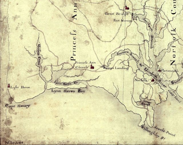 1775 Map of Southeast Virginia; Great Bridge seen at the top and Norfolk in bottom right